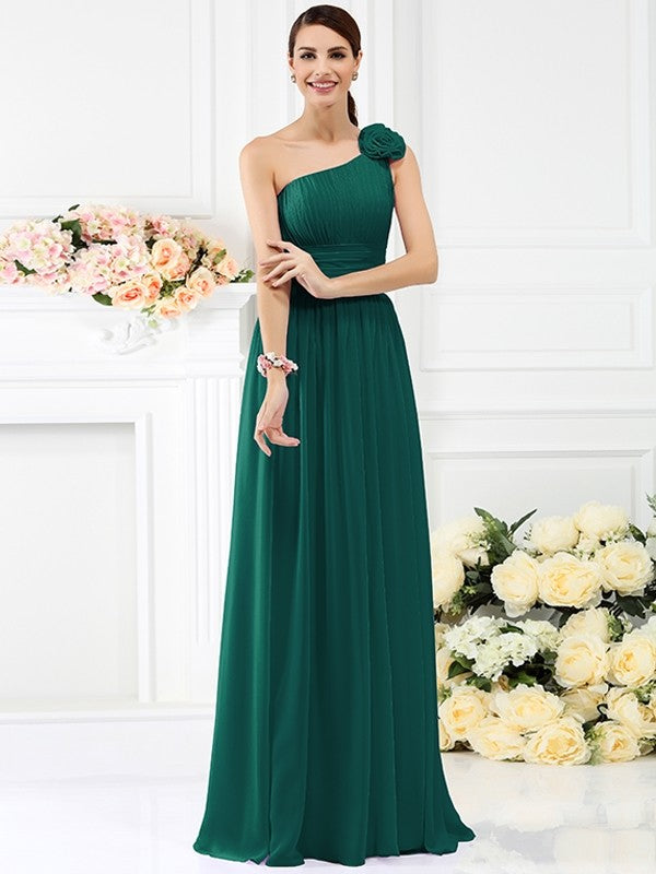 Charming One Shoulder Pleats Hand-Made Flower Sleeveless Long Chiffon Bridesmaid Dresses-Ballbella