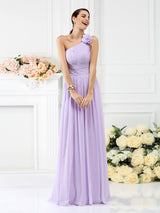 Charming One Shoulder Pleats Hand-Made Flower Sleeveless Long Chiffon Bridesmaid Dresses-Ballbella