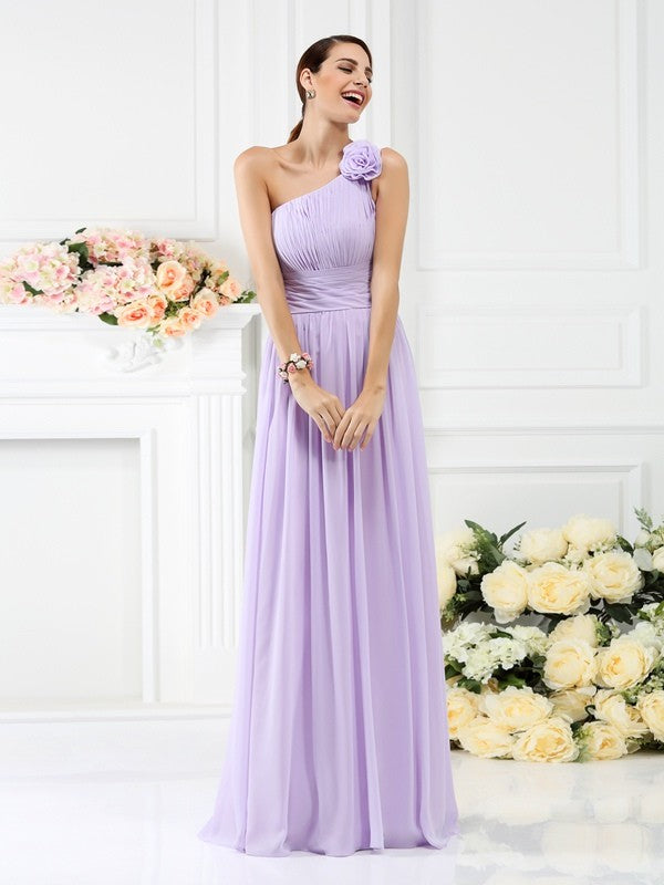 Charming One Shoulder Pleats Hand-Made Flower Sleeveless Long Chiffon Bridesmaid Dresses-Ballbella