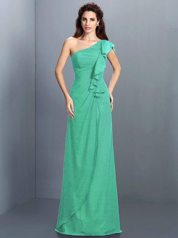 Charming One Shoulder Pleats Sleeveless Long Chiffon Bridesmaid Dresses-Ballbella