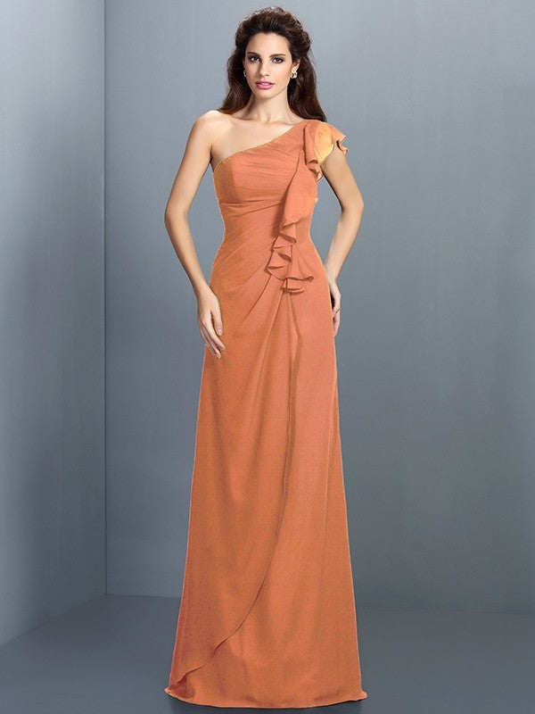 Charming One Shoulder Pleats Sleeveless Long Chiffon Bridesmaid Dresses-Ballbella