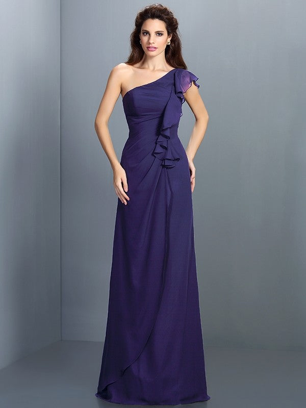 Charming One Shoulder Pleats Sleeveless Long Chiffon Bridesmaid Dresses-Ballbella