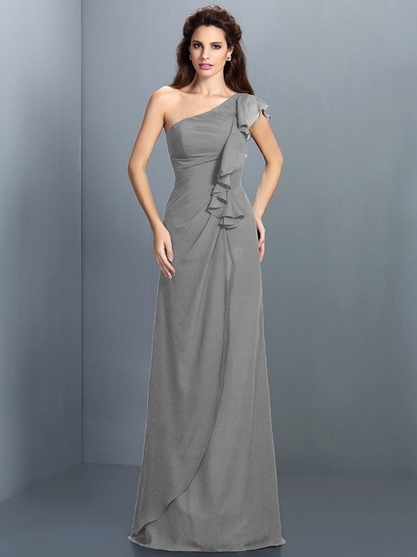 Charming One Shoulder Pleats Sleeveless Long Chiffon Bridesmaid Dresses-Ballbella