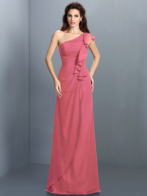 Charming One Shoulder Pleats Sleeveless Long Chiffon Bridesmaid Dresses-Ballbella