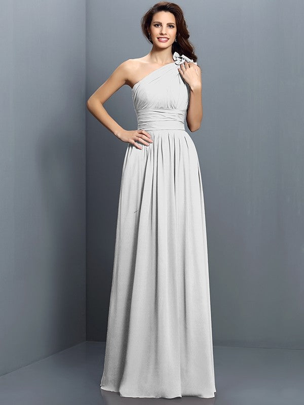 A-Line Charming One Shoulder Pleats Sleeveless Long Chiffon Bridesmaid Dresses