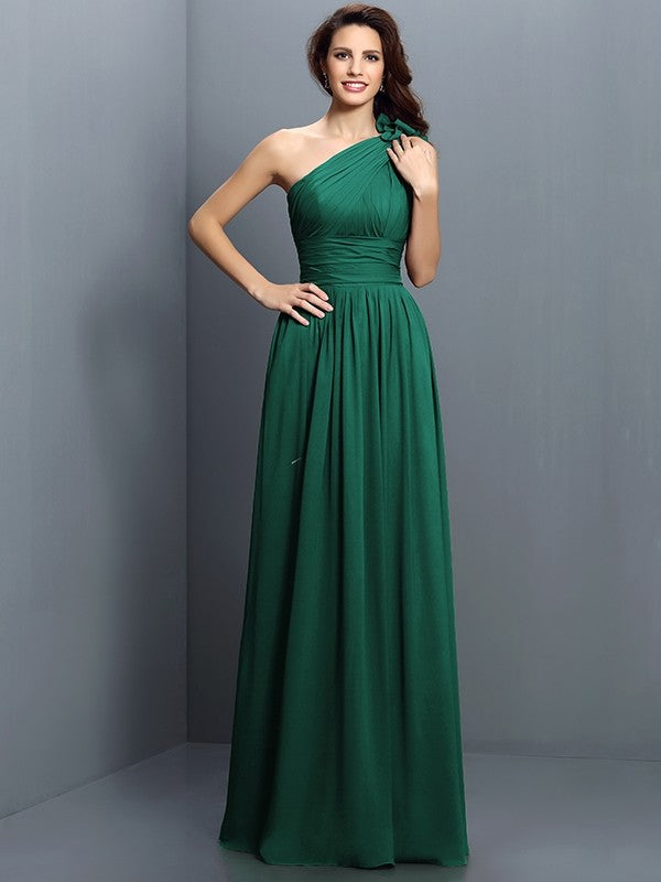 A-Line Charming One Shoulder Pleats Sleeveless Long Chiffon Bridesmaid Dresses