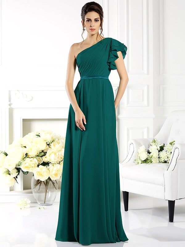 A-Line Charming One Shoulder Ruffles Sleeveless Long Chiffon Bridesmaid Dresses