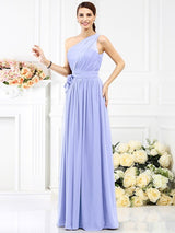 A-Line Charming One Shoulder Sash/Ribbon/Belt Sleeveless Long Chiffon Bridesmaid Dresses