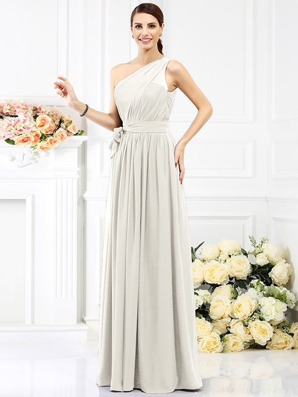 A-Line Charming One Shoulder Sash/Ribbon/Belt Sleeveless Long Chiffon Bridesmaid Dresses