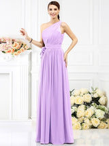 A-Line Charming One Shoulder Sash/Ribbon/Belt Sleeveless Long Chiffon Bridesmaid Dresses