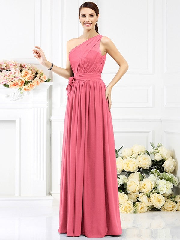 A-Line Charming One Shoulder Sash/Ribbon/Belt Sleeveless Long Chiffon Bridesmaid Dresses