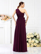 A-Line Charming One Shoulder Sash/Ribbon/Belt Sleeveless Long Chiffon Bridesmaid Dresses