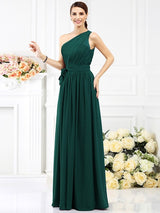 A-Line Charming One Shoulder Sash/Ribbon/Belt Sleeveless Long Chiffon Bridesmaid Dresses