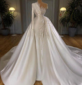 Charming One Shoulder Satin Mermaid Bridal Gowns Pearls Beading Party Gowns-Ballbella