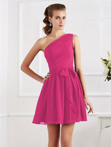 A-Line Charming Pleats One Shoulder Sleeveless Short Chiffon Bridesmaid Dresses