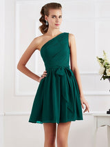 A-Line Charming Pleats One Shoulder Sleeveless Short Chiffon Bridesmaid Dresses