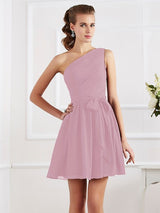 A-Line Charming Pleats One Shoulder Sleeveless Short Chiffon Bridesmaid Dresses