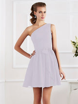 A-Line Charming Pleats One Shoulder Sleeveless Short Chiffon Bridesmaid Dresses