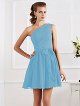 A-Line Charming Pleats One Shoulder Sleeveless Short Chiffon Bridesmaid Dresses