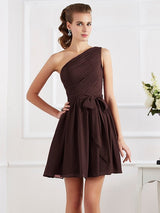 A-Line Charming Pleats One Shoulder Sleeveless Short Chiffon Bridesmaid Dresses