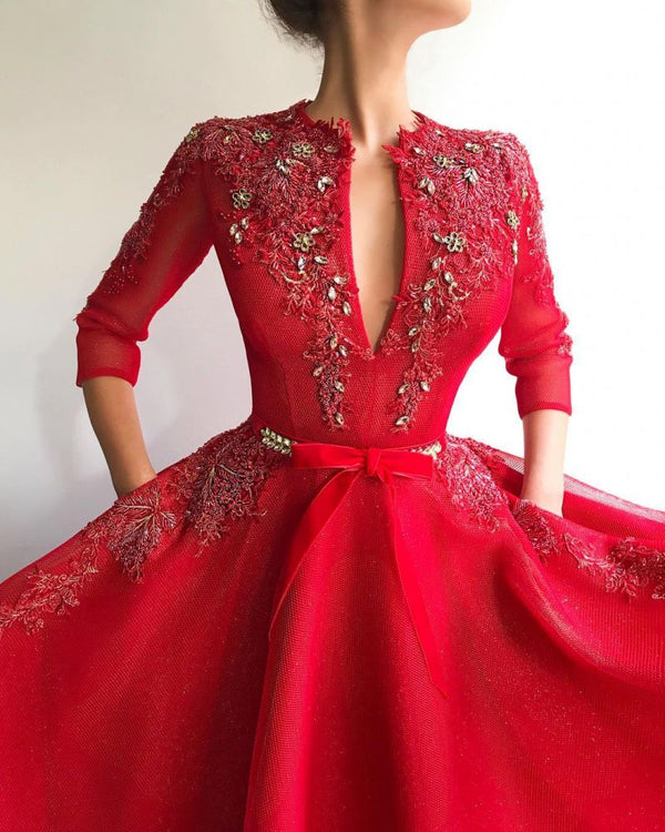 Charming Sequins Tulle V-neck Red Jewel 3/4 Sleeves Appliques Long Prom Party Gowns-Ballbella