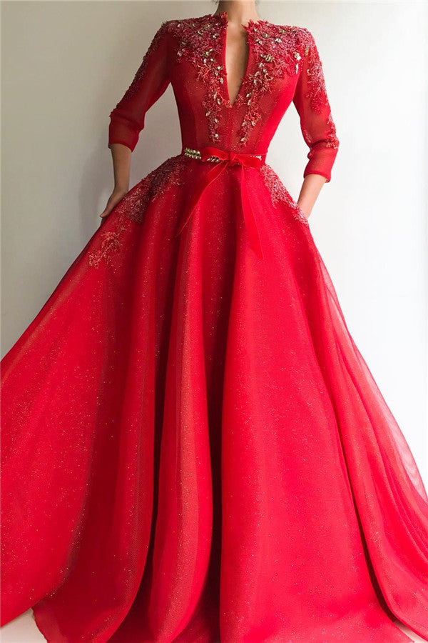 Charming Sequins Tulle V-neck Red Jewel 3/4 Sleeves Appliques Long Prom Party Gowns-Ballbella