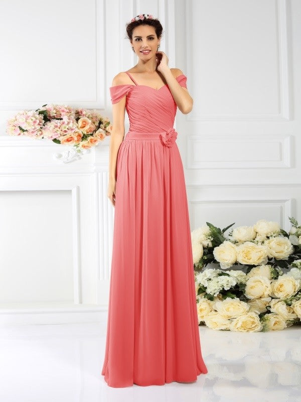 A-Line Charming Spaghetti Straps Pleats Sleeveless Long Chiffon Bridesmaid Dresses