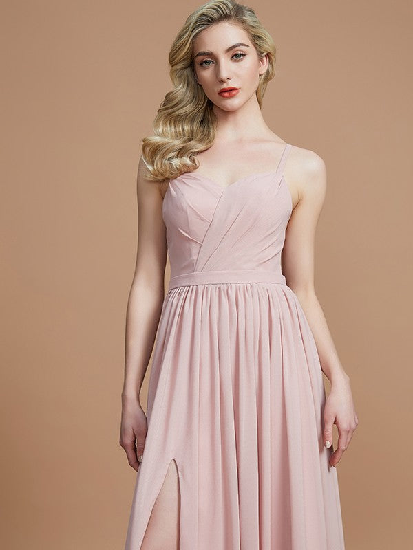 A-Line Charming Spaghetti Straps Sleeveless Ruched Chiffon Bridesmaid Dresses