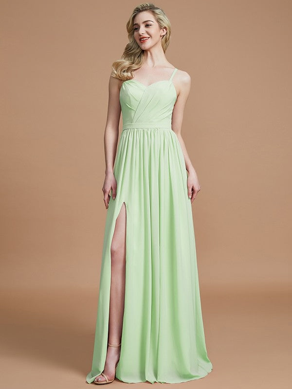 A-Line Charming Spaghetti Straps Sleeveless Ruched Chiffon Bridesmaid Dresses