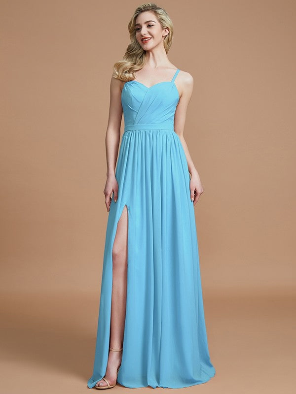 A-Line Charming Spaghetti Straps Sleeveless Ruched Chiffon Bridesmaid Dresses