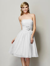 A-Line Charming Strapless Sleeveless Hand-Made Flower Short Chiffon Bridesmaid Dresses