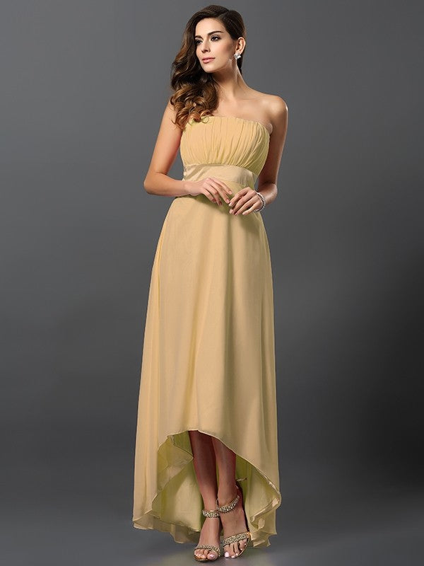 A-Line Charming Strapless Sleeveless High Low Chiffon Bridesmaid Dresses