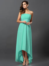 A-Line Charming Strapless Sleeveless High Low Chiffon Bridesmaid Dresses