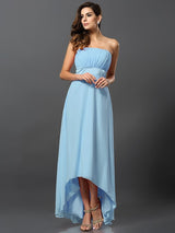 A-Line Charming Strapless Sleeveless High Low Chiffon Bridesmaid Dresses