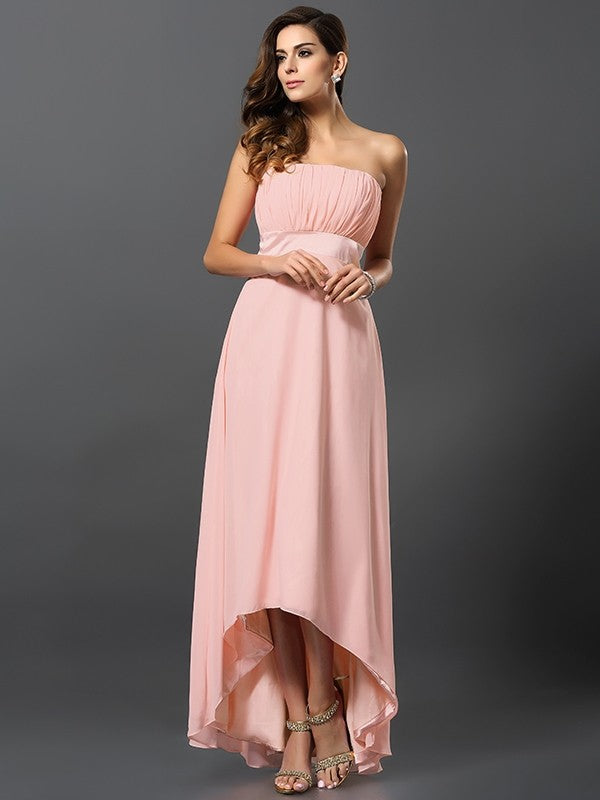 A-Line Charming Strapless Sleeveless High Low Chiffon Bridesmaid Dresses