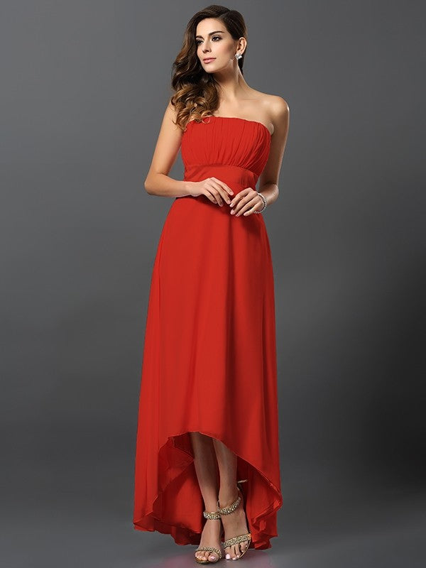 A-Line Charming Strapless Sleeveless High Low Chiffon Bridesmaid Dresses