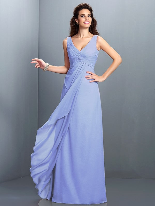 Charming Straps Pleats Sleeveless Long Chiffon Bridesmaid Dresses-Ballbella