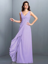 Charming Straps Pleats Sleeveless Long Chiffon Bridesmaid Dresses-Ballbella