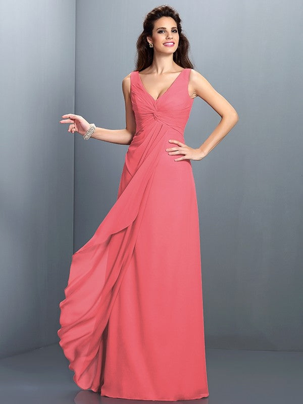 Charming Straps Pleats Sleeveless Long Chiffon Bridesmaid Dresses-Ballbella