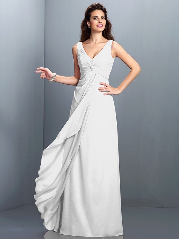 Charming Straps Pleats Sleeveless Long Chiffon Bridesmaid Dresses-Ballbella