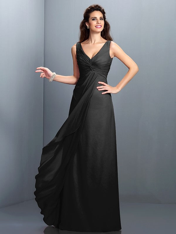 Charming Straps Pleats Sleeveless Long Chiffon Bridesmaid Dresses-Ballbella