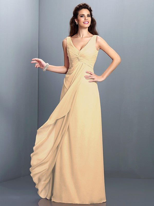 Charming Straps Pleats Sleeveless Long Chiffon Bridesmaid Dresses-Ballbella