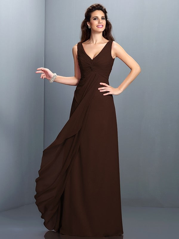 Charming Straps Pleats Sleeveless Long Chiffon Bridesmaid Dresses-Ballbella