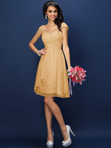 A-Line Charming Straps Pleats Sleeveless Short Chiffon Bridesmaid Dresses