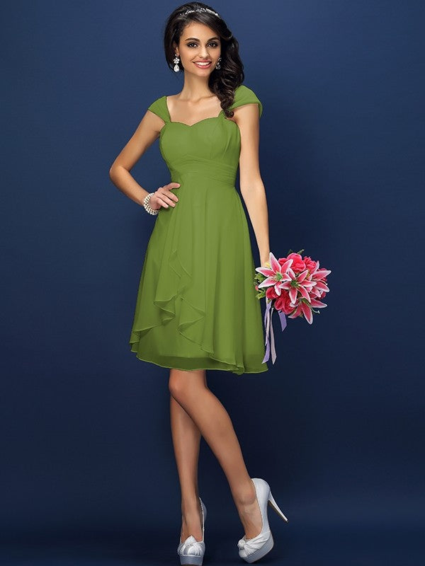 A-Line Charming Straps Pleats Sleeveless Short Chiffon Bridesmaid Dresses