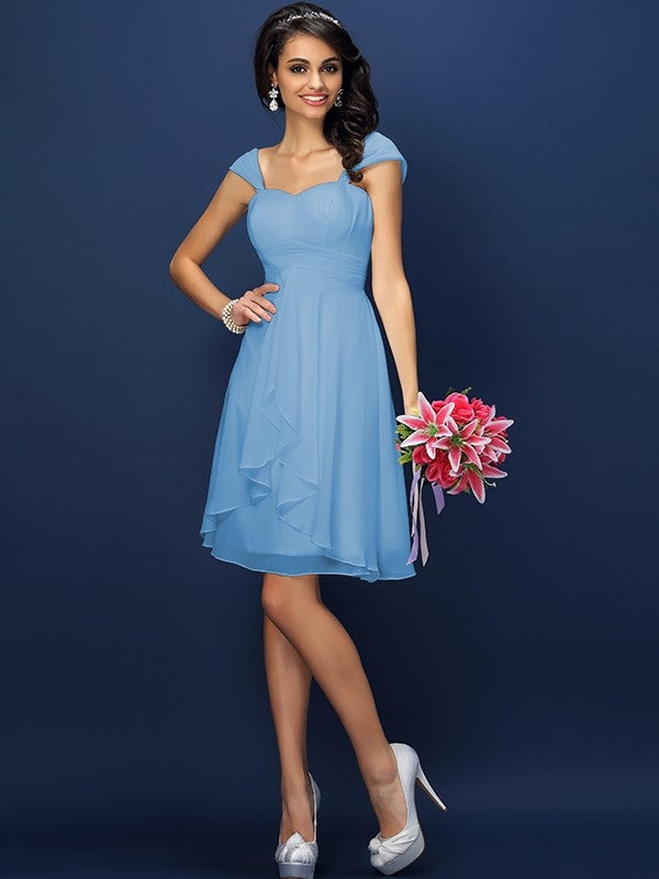 A-Line Charming Straps Pleats Sleeveless Short Chiffon Bridesmaid Dresses