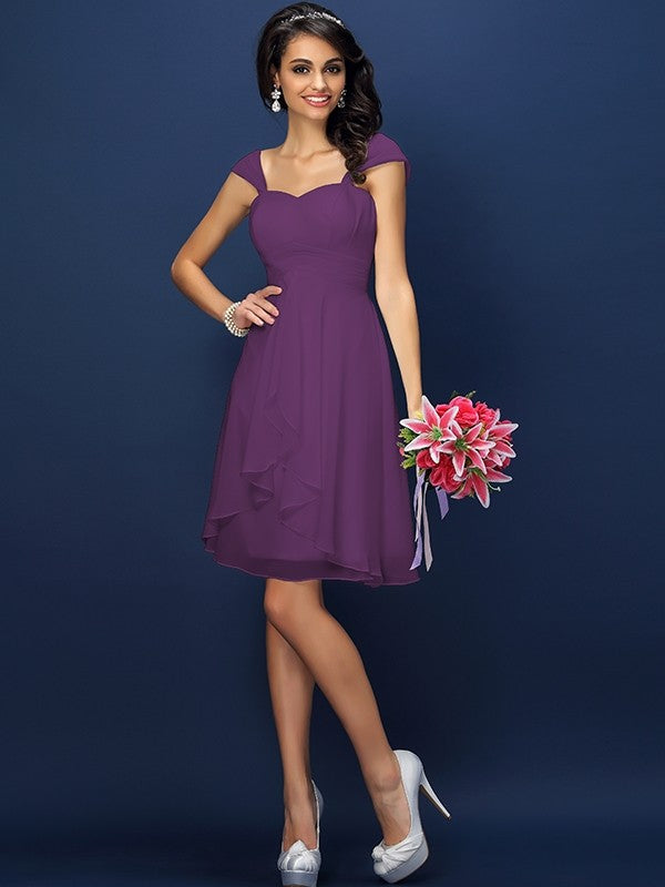 A-Line Charming Straps Pleats Sleeveless Short Chiffon Bridesmaid Dresses