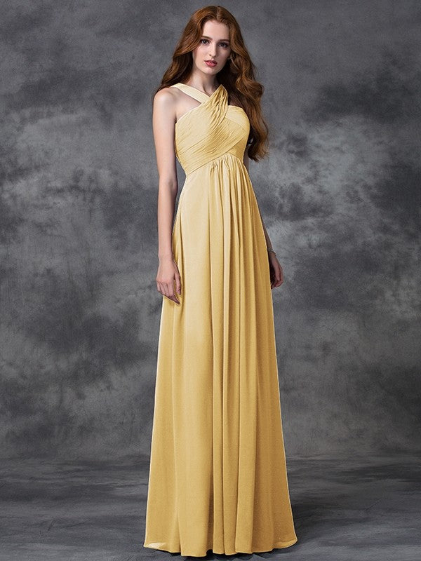 Charming Straps Ruched Sleeveless Long Chiffon Bridesmaid Dresses-Ballbella