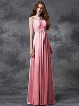 Charming Straps Ruched Sleeveless Long Chiffon Bridesmaid Dresses-Ballbella