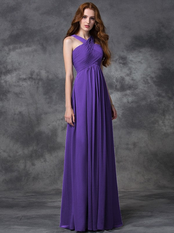 Charming Straps Ruched Sleeveless Long Chiffon Bridesmaid Dresses-Ballbella